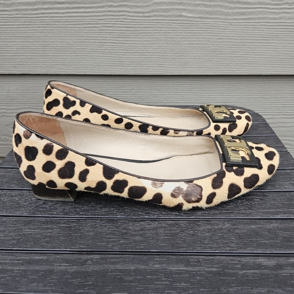 TORY BURCH Leopard Print Low Block Heels Ballet Shoes Flats Real Fur Size 11 - Picture 1 of 16